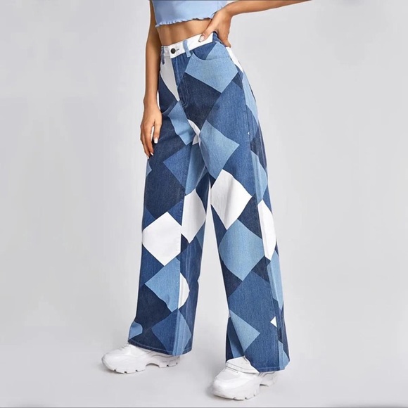 Diamond Patchwork Jesns Wide-Leg Denim – Statement Edition - Picture 11 of 14